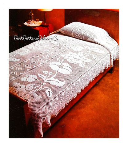 Vintage Filet Crochet Lacy Bedspread Flower and Diamond Panels PDF Instant Digital Download White Cotton Thread Bed Cover 90x64