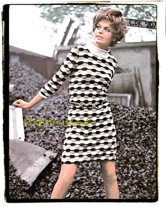 Vintage Crochet Pattern Womens Retro Staggered Blocks Mod Mini Dress PDF Instant Digital Download Groovy Sixties Boho Chic 4 Ply DK
