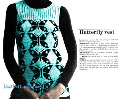 Vintage Knitting Pattern Womens Butterfly Vest Fair Isle Butterflies Ribbed Yoke PDF Instant Digital Download Retro Boho Chic 4 Ply