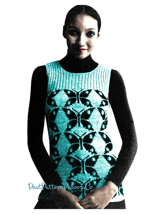 Vintage Knitting Pattern Womens Butterfly Vest Fair Isle Butterflies Ribbed Yoke PDF Instant Digital Download Retro Boho Chic 4 Ply