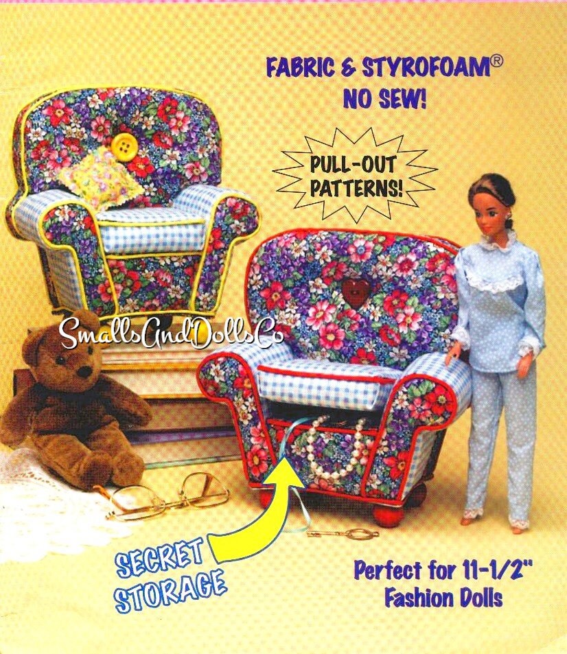 Vintage No Sew Pattern Chairs For 11 Inch Fashion Dolls and 18 Inch Dolls Teddy Bears PDF Instant Digital Download Chubby Dollhouse Chairs