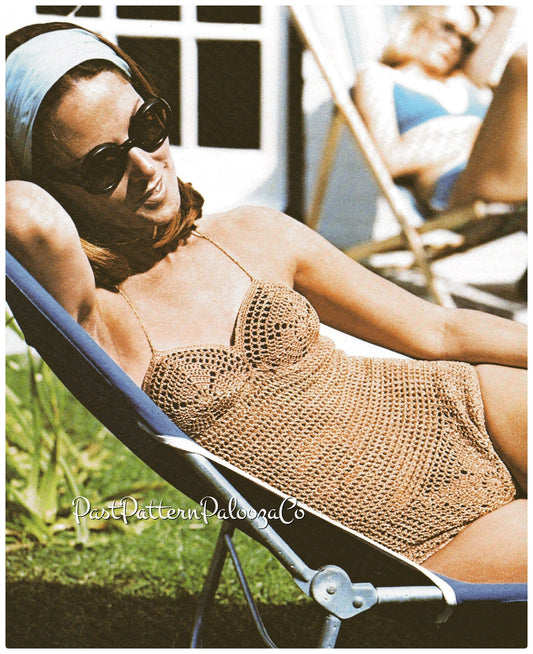 Vintage Crochet Pattern Womens Golden Goddess Bathing Suit One Piece Swimsuit PDF Instant Digital Download 3 Ply Metallic Yarn