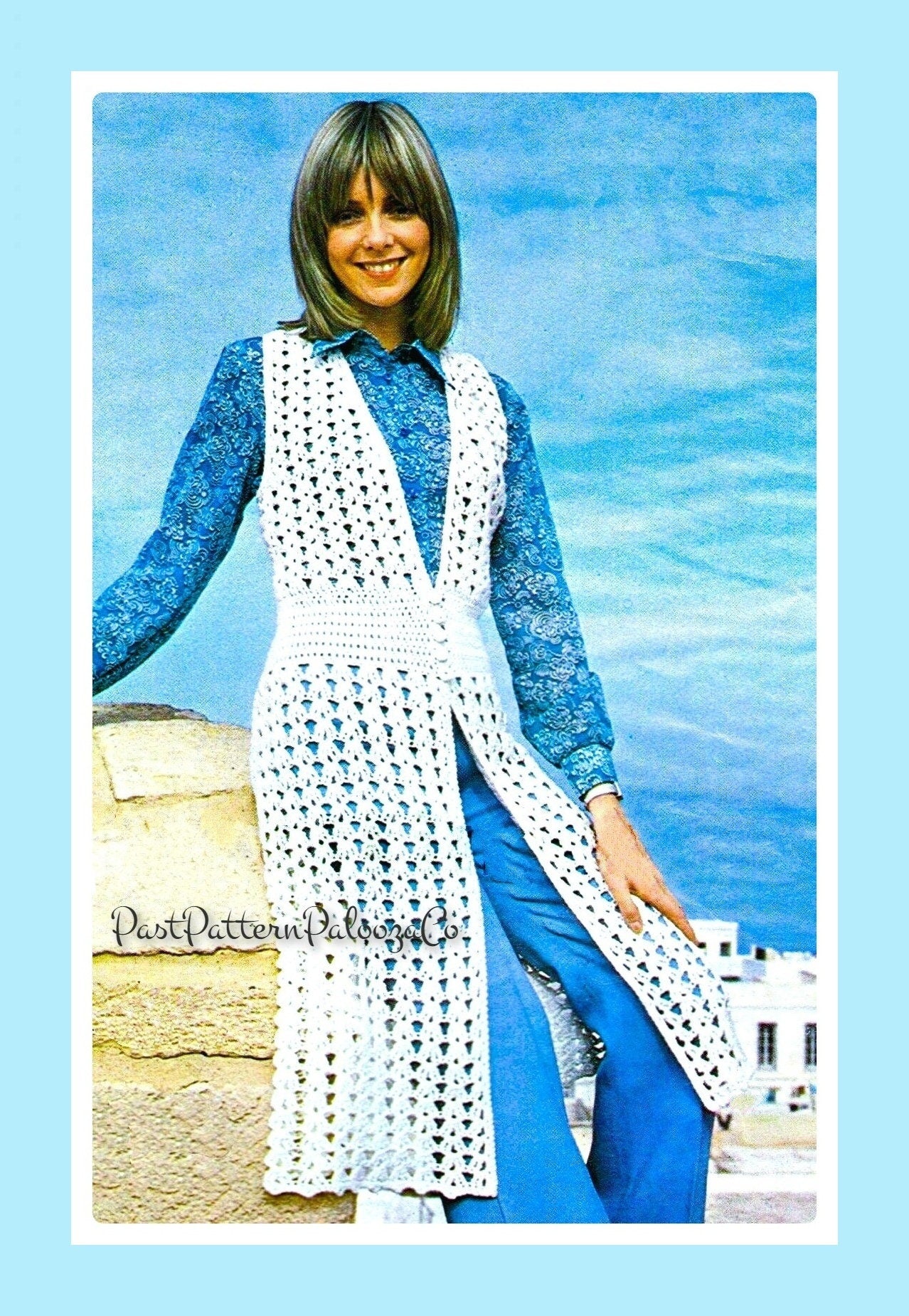 Vintage Crochet Pattern Womens Long Lace Maxi Vest Waistcoat Front Buttons PDF Instant Digital Download Groovy Mod Boho Hippie Top 4 Ply