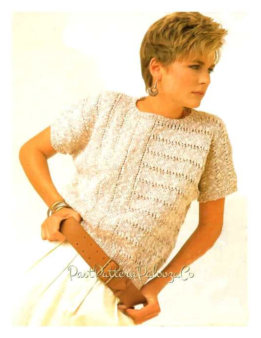 Vintage Knitting Pattern Womens Pretty Cotton Top Short Sleeve Summer Sweater Linen Look Pullover PDF Instant Digital Download DK