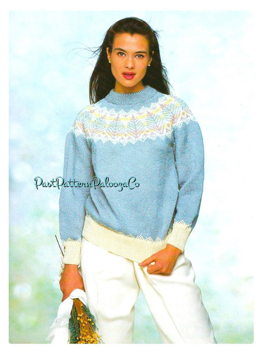 Vintage Knitting Pattern Womens Nordic Pine Tree Leaf Sweater Fair Isle Yoke PDF Instant Digital Download Fairisle Pullover Jumper 10 Ply