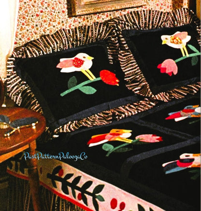 Vintage Sewing Pattern Bluebird Bed Quilt PDF Instant Digital Download Applique Birds Tulip Flower Cherry Blocks Cotton Fabric