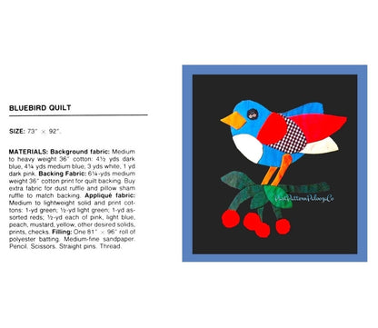 Vintage Sewing Pattern Bluebird Bed Quilt PDF Instant Digital Download Applique Birds Tulip Flower Cherry Blocks Cotton Fabric