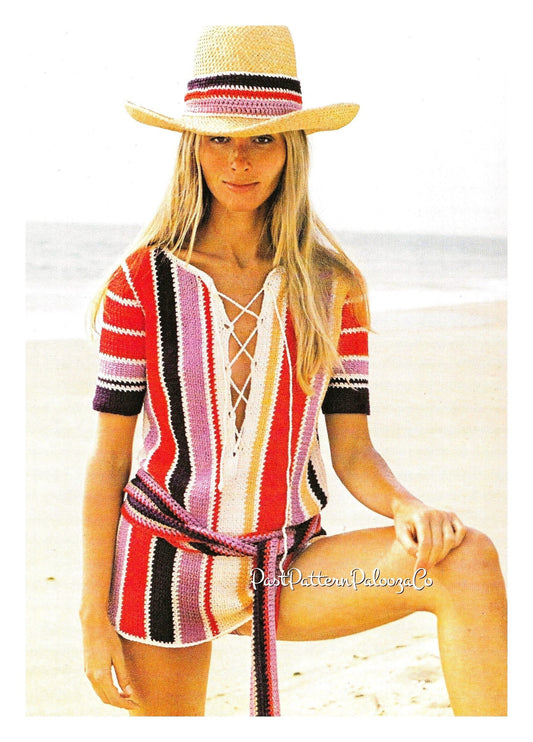 Vintage Crochet Pattern Womens Striped Lace Up Belted Beach Tunic Mini Dress Bikini Cover Up PDF Instant Digital Download Boho Hippie Chic