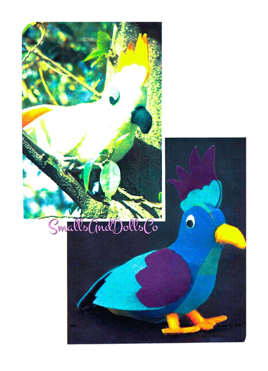 Vintage Sewing Pattern 9" Cockatoo Bird Felt Fabric Soft Sculpture Toy Doll PDF Instant Digital Download Sewn Plush Parrot Stuffed Animal