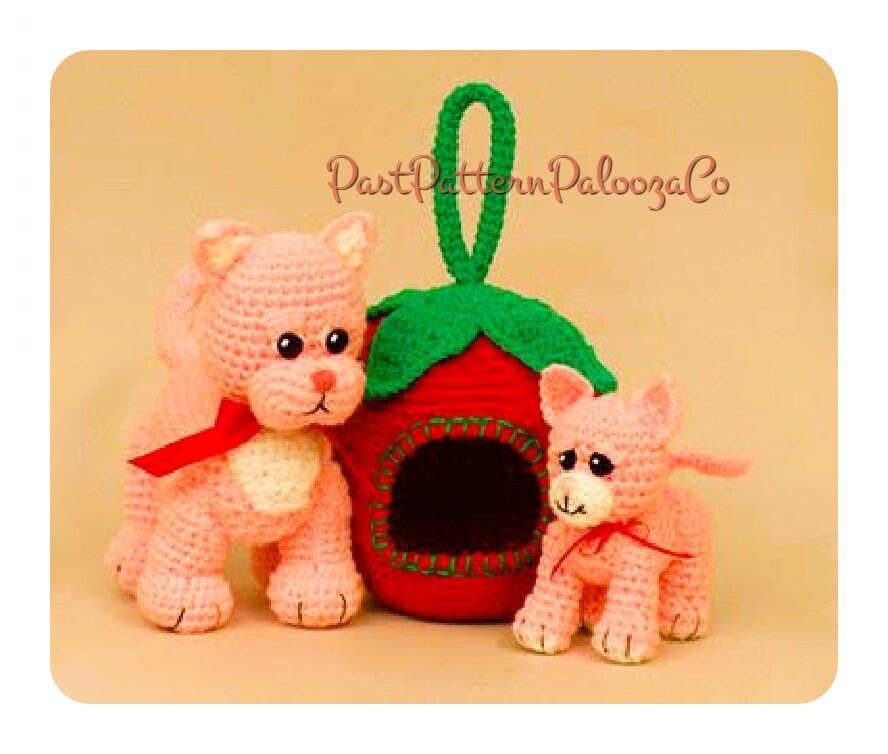Vintage Crochet Pattern Mama Cat and Kitten Plush Soft Toys with Strawberry Carrier PDF Instant Digital Download Amigurumi Kitties 10 Ply