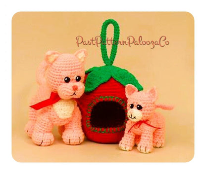 Vintage Crochet Pattern Mama Cat and Kitten Plush Soft Toys with Strawberry Carrier PDF Instant Digital Download Amigurumi Kitties 10 Ply