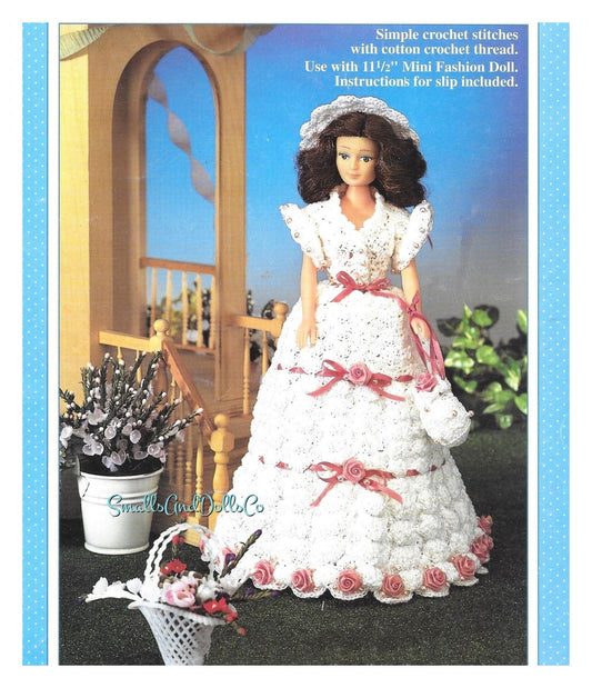 Vintage Crochet Pattern 11.5" Fashion Doll Pretty Garden Party Dress Outfit PDF Instant Digital Download Roses Ribbons Embellished Gown Hat
