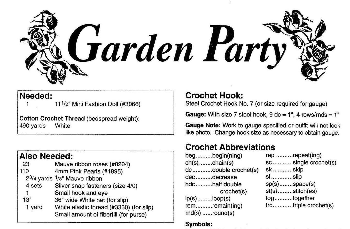 Vintage Crochet Pattern 11.5" Fashion Doll Pretty Garden Party Dress Outfit PDF Instant Digital Download Roses Ribbons Embellished Gown Hat