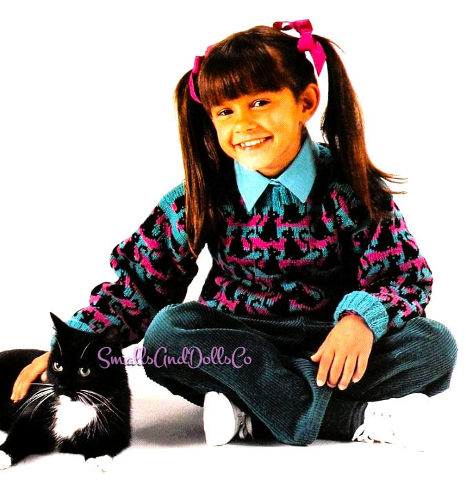 Vintage Knitting Pattern Kids Childs Knit Kitty Cat Motif Pullover Sweater PDF Instant Digital Download Cute Animal Jumper 4-8 Years 4 Ply