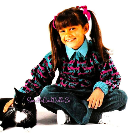 Vintage Knitting Pattern Kids Childs Knit Kitty Cat Motif Pullover Sweater PDF Instant Digital Download Cute Animal Jumper 4-8 Years 4 Ply