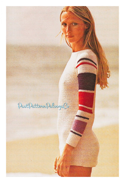 Vintage Crochet Pattern Womens Long Sleeved Beach Tunic Mini Dress Beach Cover Up PDF Instant Digital Download Boho Hippie Chic Striped Arms