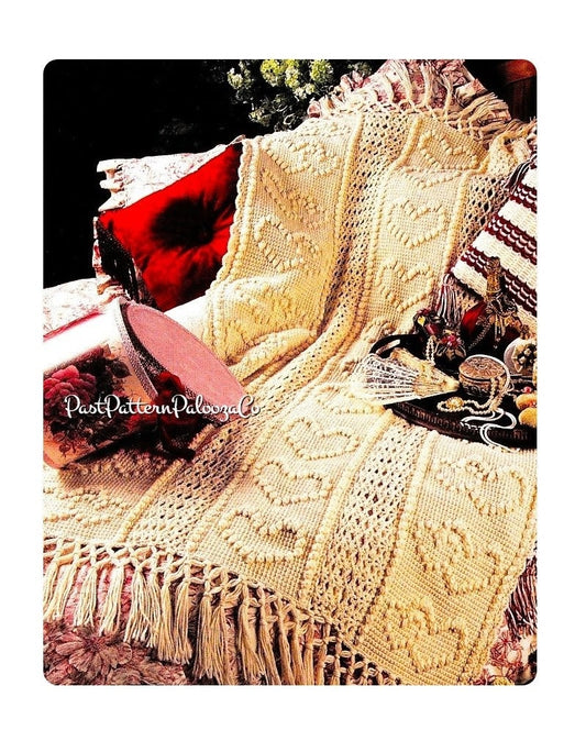 Vintage Crochet Pattern Victorian Hearts Paneled Afghan PDF Instant Digital Download Bobble Puff & Tunisian Stitch 10 Ply
