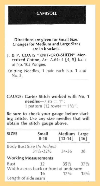 Vintage Knitting Pattern Pretty Camisole Fine Knit Top Summer Tank PDF Instant Digital Download Boho Chic Cami Cotton Thread