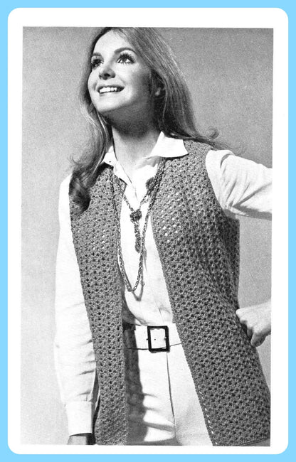 Vintage Crochet Pattern Womens Long Vest Waistcoat Buttonless Slip On Jacket PDF Instant Digital Download Groovy Mod Boho Hippie Top DK