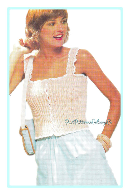 Vintage Crochet Pattern Womens Ribbed Camisole Vest Summer Tank Top Ruffled Edging PDF Instant Digital Download Pretty Cropped Cami 10 Ply