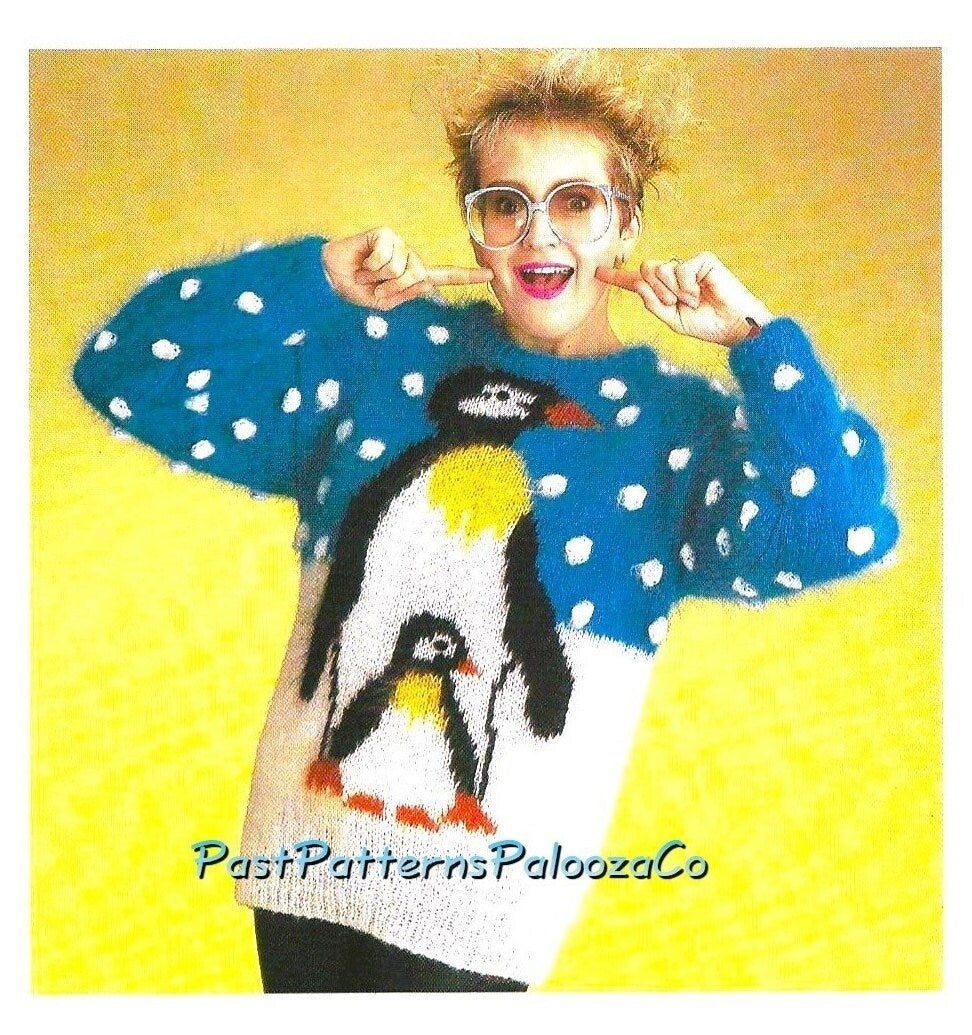 Vintage Knitting Pattern Fun Penguin Sweater PDF Instant Digital Download Womens Mens Adults Novelty Arctic Animal Jumper 10 Ply 34-44 in