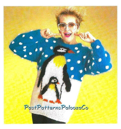 Vintage Knitting Pattern Fun Penguin Sweater PDF Instant Digital Download Womens Mens Adults Novelty Arctic Animal Jumper 10 Ply 34-44 in