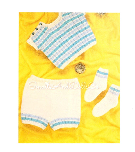 Vintage Knitting Pattern Baby Shorts Tee T-Shirt Socks Set PDF Instant Digital Download 3-12 m DK