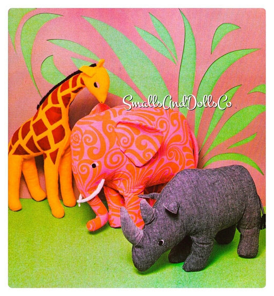 Vintage Sewing Pattern Giraffe Elephant Rhino Soft Sculpture Toy Dolls PDF Instant Digital Download Retro Zoo Safari Jungle Stuffed Animals
