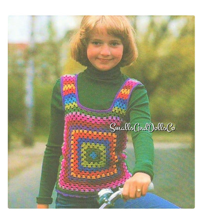Vintage Crochet Pattern Kids Childs Rainbow Granny Square Vest PDF Instant Digital Download 4 6 8 Years 5 Ply