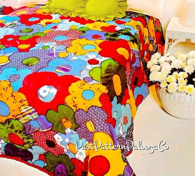 Vintage Sewing Pattern Grandmothers Flower Garden Bed Quilt Groovy Flower Power Applique Bedspread PDF Instant Digital Download Any Size Bed
