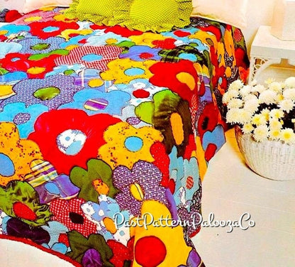 Vintage Sewing Pattern Grandmothers Flower Garden Bed Quilt Groovy Flower Power Applique Bedspread PDF Instant Digital Download Any Size Bed