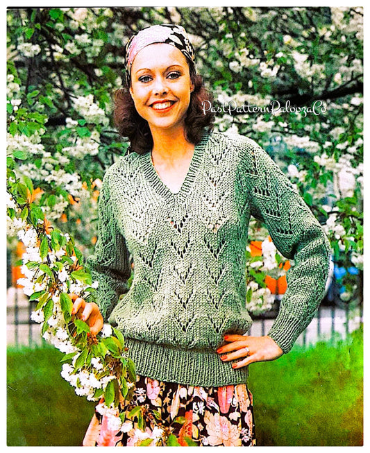 Vintage Knitting Pattern Womens Lacy Eyelet V Neck Sweater PDF Instant Digital Download Ladies Pullover Jumper 12 Ply