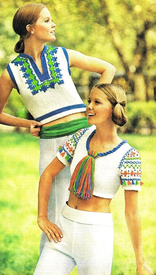 Vintage Knitting Pattern Womens Retro Crop Top Sweater Cross Stitch Tassel PDF Instant Digital Download Groovy Bohemian Peasant Pullovers