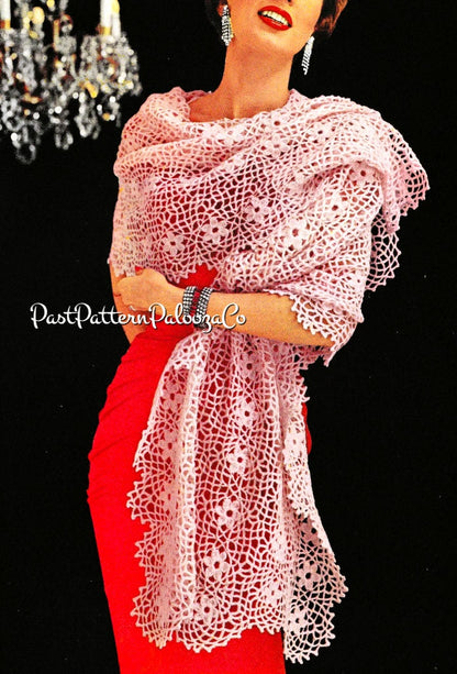 Vintage Crochet Pattern Womens Lacy Flower Motif Shawl Stole Wrap PDF Instant Digital Download MCM Mid Century Housewife Chic 3 Ply