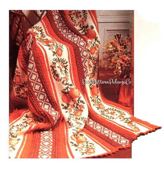 Vintage Crochet Afghan Pattern Autumn Bounty Harvest Glow Blanket Tunisian Stitch PDF Instant Digital Download Fruit Motif Design 10 Ply