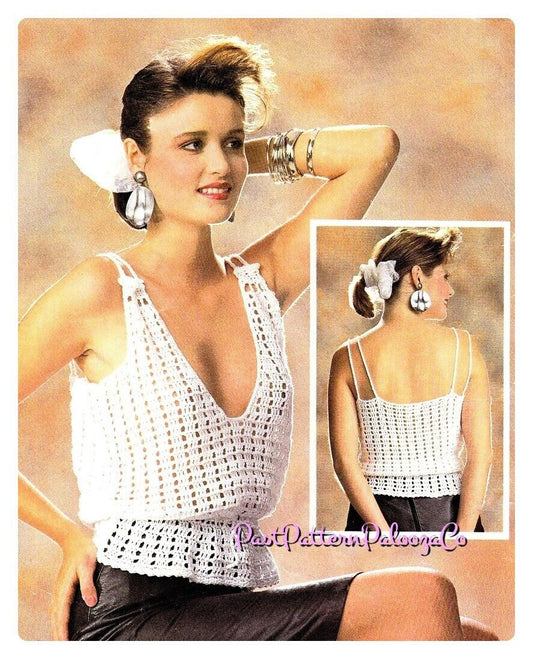 Vintage Crochet Pattern Womens Lacy Blouson Cami Top PDF Instant Digital Download Retro Sleeveless Summer Peplum Tank 4 Ply