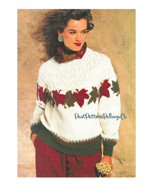 Vintage Knitting Pattern Womens Pretty Autumn Leaves Sweater Fair Isle Yoke PDF Instant Digital Download Fairisle Pullover Jumper 10 Ply