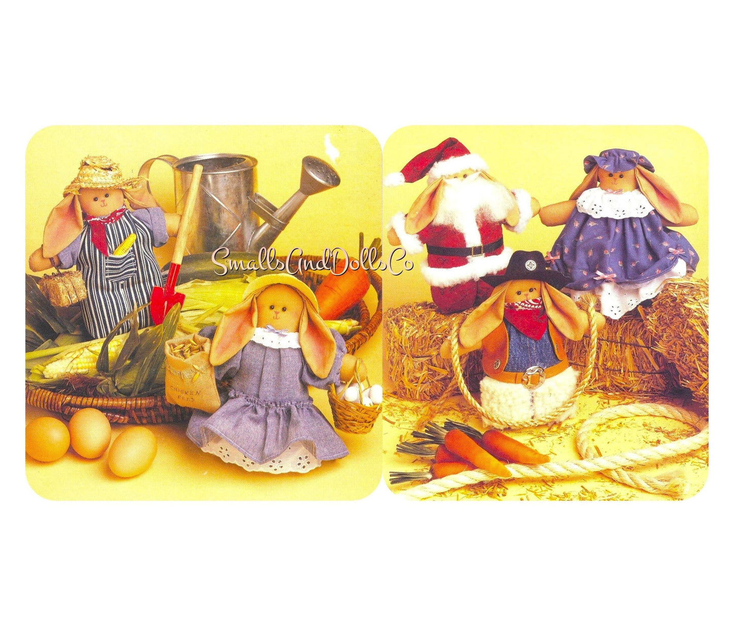 Vintage Sewing Pattern 12" Fabric Bean Bag Bunnies Soft Sculpture Toy Dolls PDF Instant Digital Download Country Couple Cowboy Santa Bunny