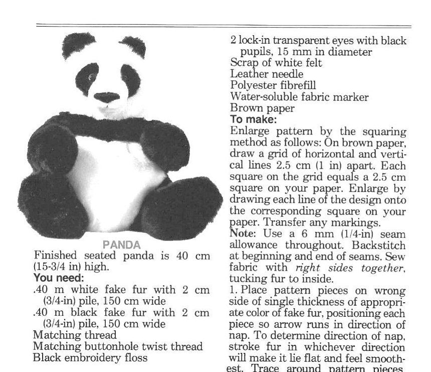 Vintage Sewing Pattern 16" Plush Panda Teddy Bear Soft Sculpture Doll Faux Fur Fabric PDF Instant Digital Download Sitting Bear