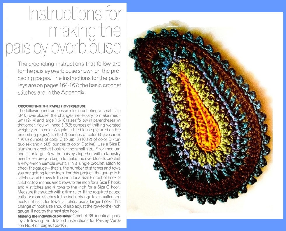 Vintage Crochet Pattern Womens Paisley Motif Blouse Crop Top PDF Instant Digital Download Retro Boho Hippie Chic 10 Ply
