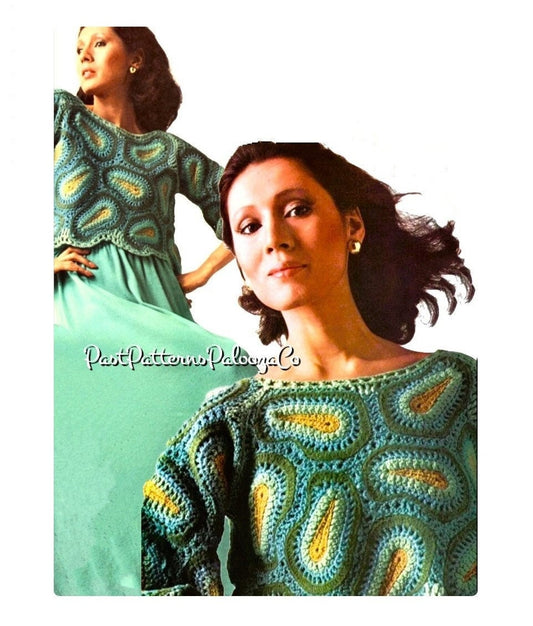 Vintage Crochet Pattern Womens Paisley Motif Blouse Crop Top PDF Instant Digital Download Retro Boho Hippie Chic 10 Ply