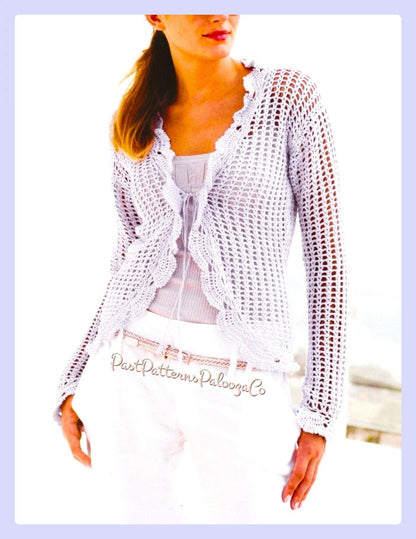 Vintage Crochet Pattern Womens Lacy Front Tie Top Mesh Cardigan Jacket PDF Instant Digital Download Summer Sweater 4 Ply