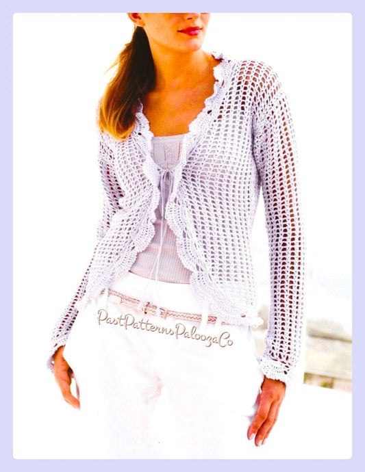 Vintage Crochet Pattern Womens Lacy Front Tie Top Mesh Cardigan Jacket PDF Instant Digital Download Summer Sweater 4 Ply