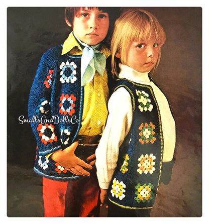 Vintage Crochet Pattern Kids Childs Groovy Granny Square Vest and Jacket PDF Instant Digital Download 4-10 Yrs 4 Ply