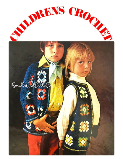 Vintage Crochet Pattern Kids Childs Groovy Granny Square Vest and Jacket PDF Instant Digital Download 4-10 Yrs 4 Ply