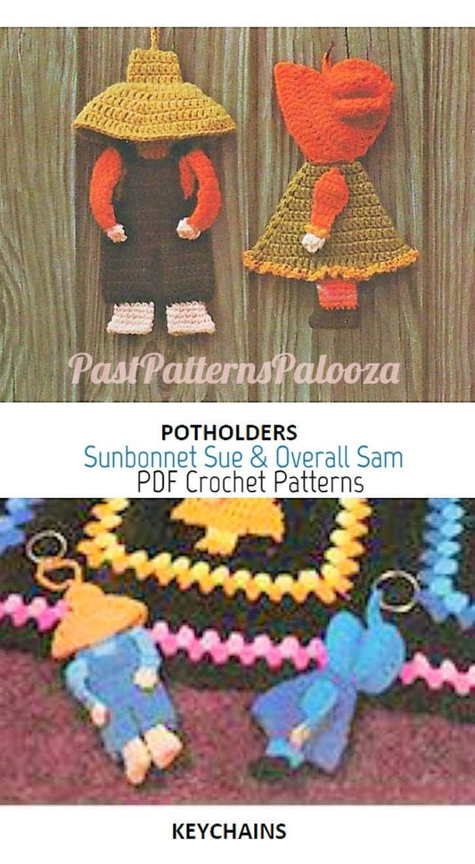 Vintage Crochet Pattern Sunbonnet Sue and Overall Sam Pot Holders and Key Chains PDF Instant Digital Download Potholders Keychains 4 Ply