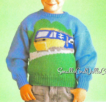 Vintage Knitting Pattern Knit Kids Boys Rail Train Locomotive Sweater PDF Instant Digital Download Toddler to Big Boy Pullover 2-8 yrs DK