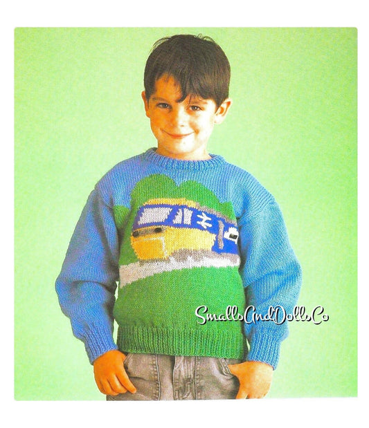 Vintage Knitting Pattern Knit Kids Boys Rail Train Locomotive Sweater PDF Instant Digital Download Toddler to Big Boy Pullover 2-8 yrs DK