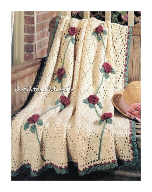 Vintage Crochet Pattern Victorian Reaching Roses Eyelet Diamonds Afghan PDF Instant Digital Download Floral Rose Blanket Throw 10 Ply