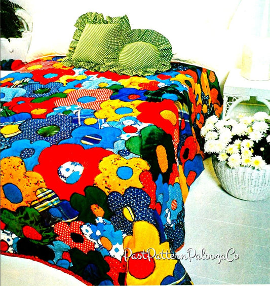 Vintage Sewing Pattern Grandmothers Flower Garden Bed Quilt Groovy Flower Power Applique Bedspread PDF Instant Digital Download Any Size Bed
